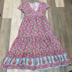 NATURAL LIFE Pink Floral Tiered Maxi Dress with Light Blue Hem